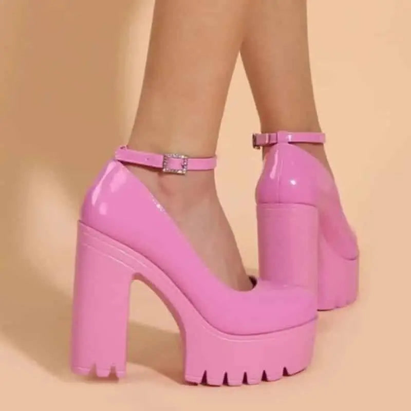 Chunky Square Heeled Ankle Strap Platform Pumps - Shoes
