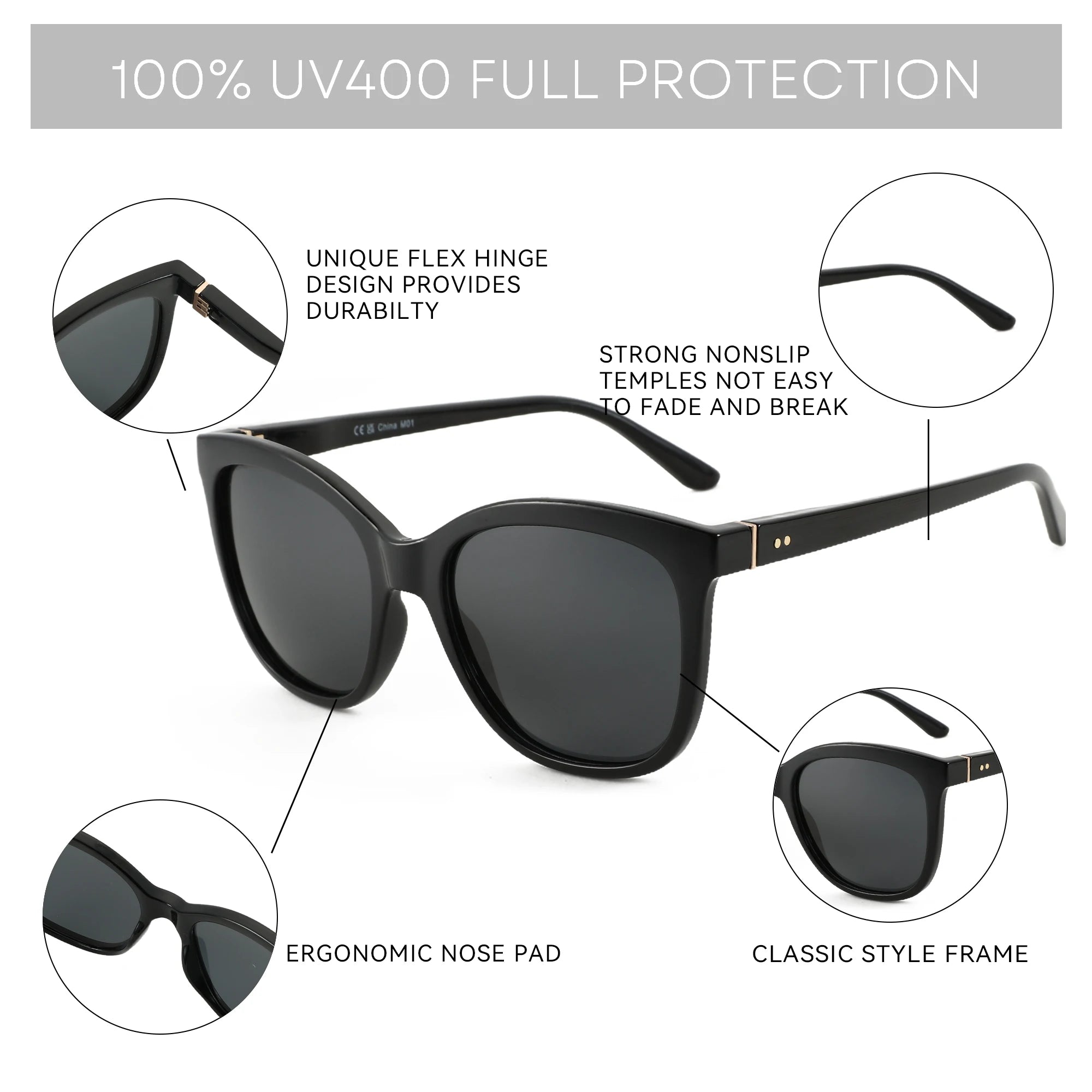 Classic square polarized sunglasses with black acetate frame showcasing butterfly design details and UV400 protection