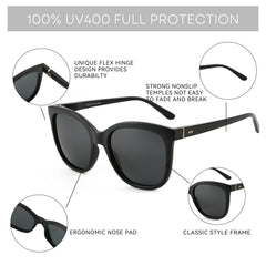 Classic square polarized sunglasses with black acetate frame showcasing butterfly design details and UV400 protection