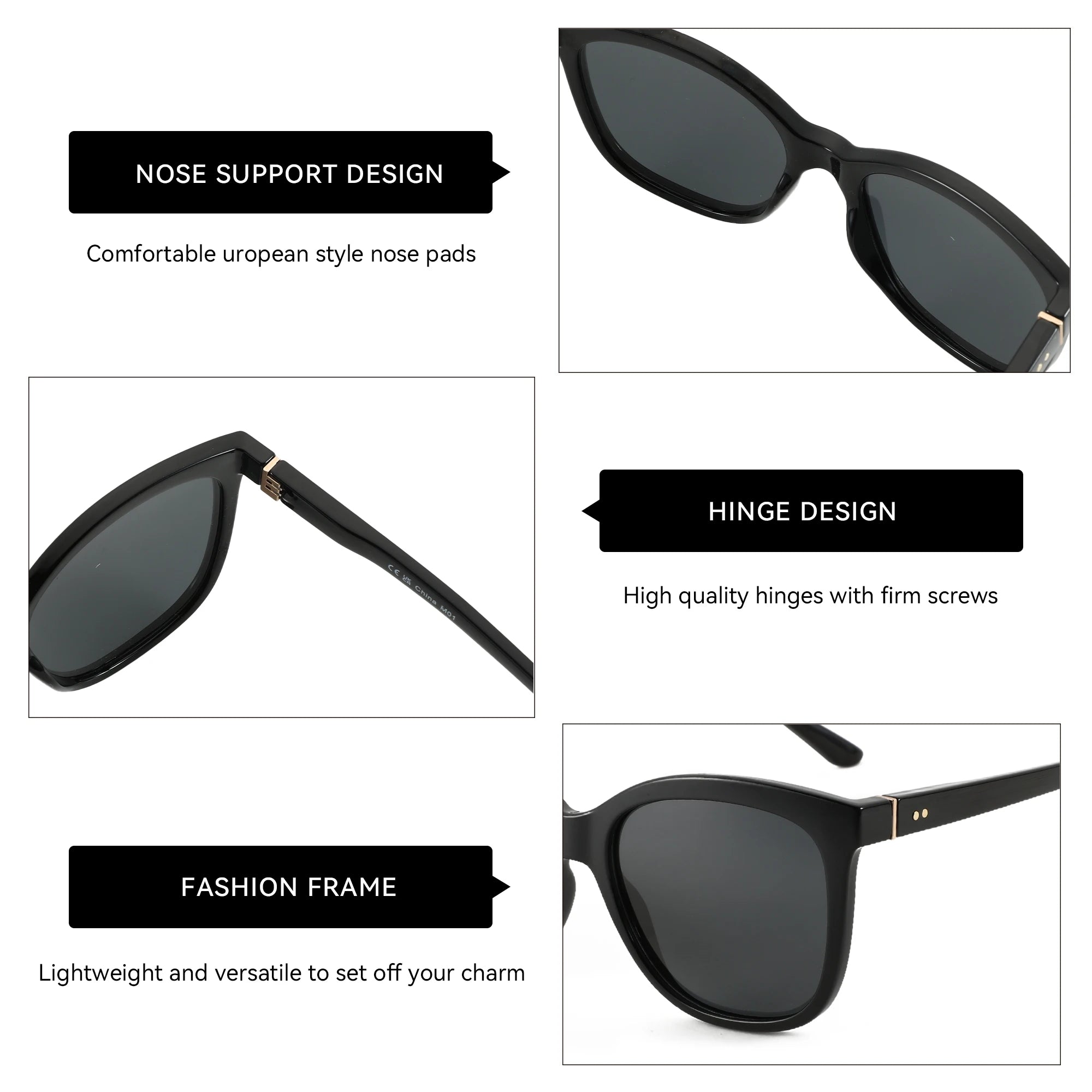 Classic Square Sunglasses in black acetate with polarized UV400 lenses and butterfly design details