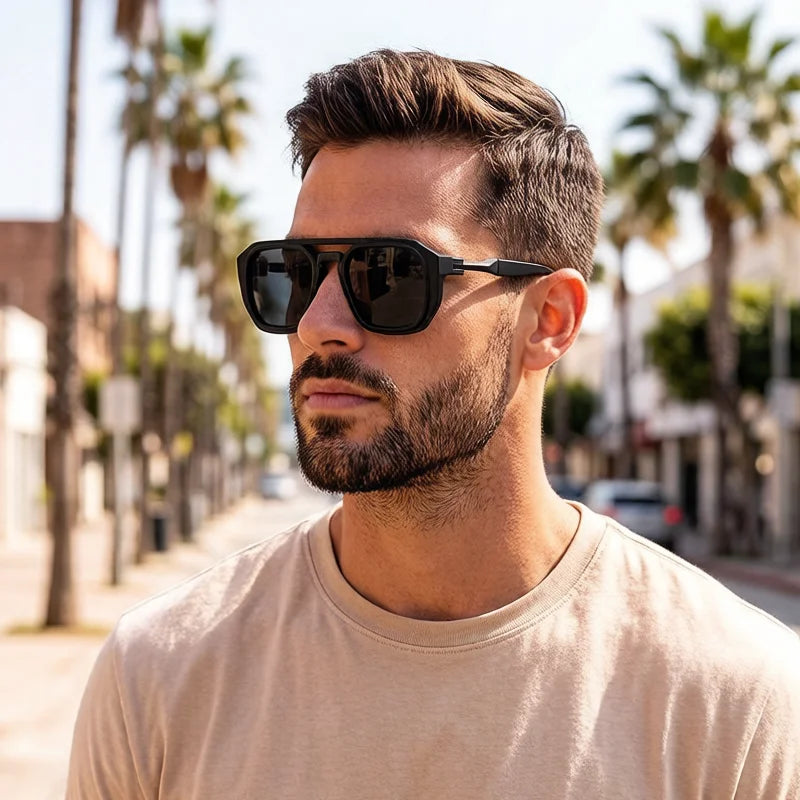 Clear frame sunglasses with pink tinted lens and orange acetate arm detail close up