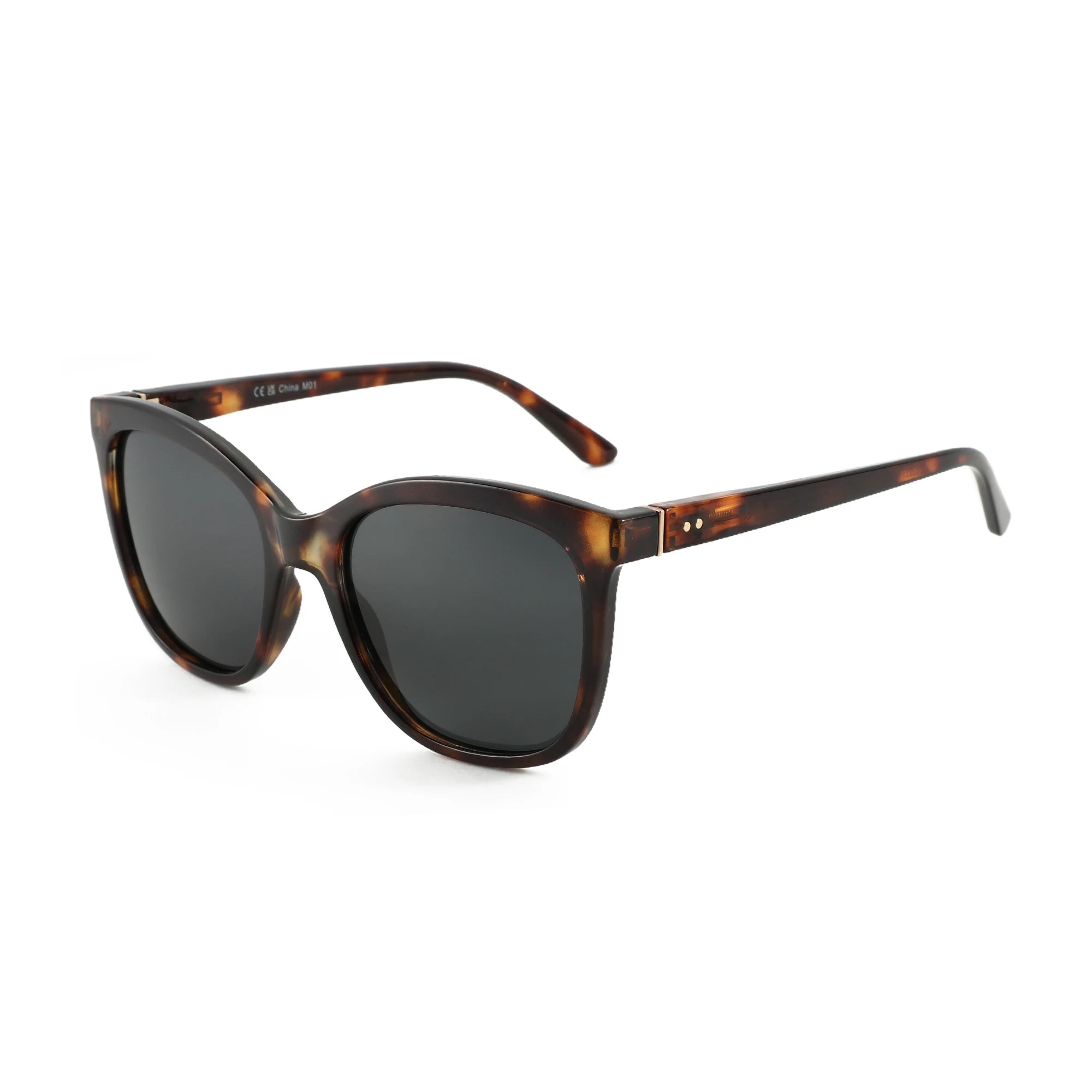 Close up of black acetate frame showing butterfly design details and polarized lens material