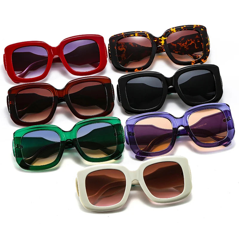 Close up of chunky resin frame sunglasses showing gradient colorway and UV protection lens detail