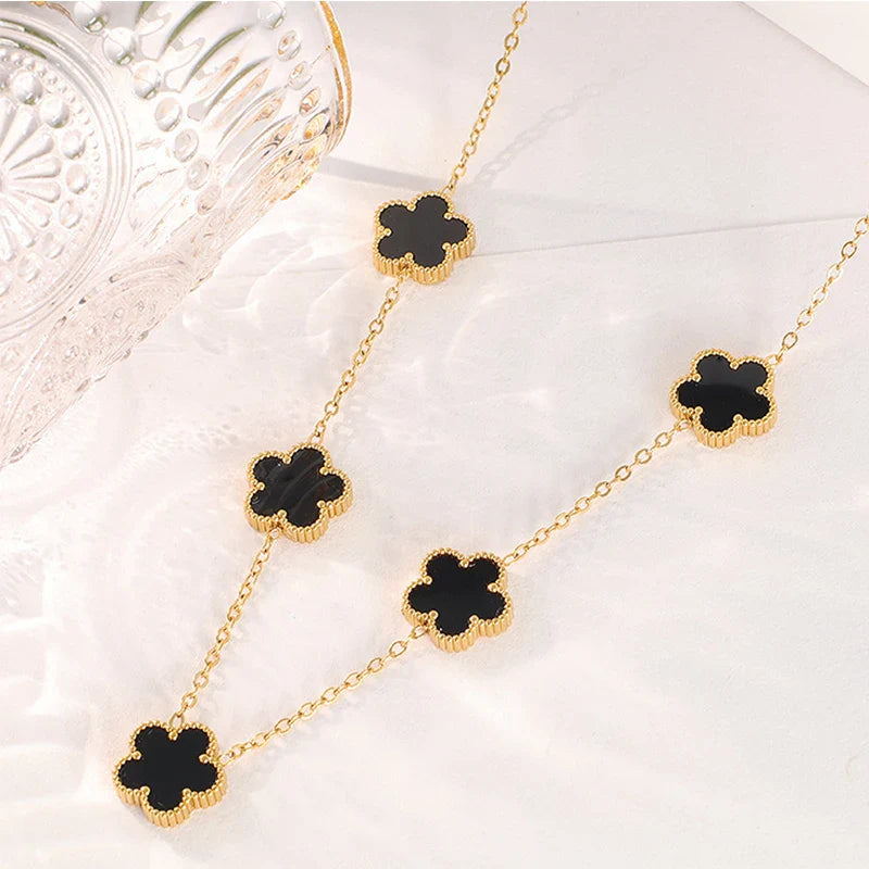 Clover Leaf Petals Plated Stainless Steel Necklace Black