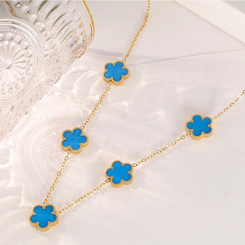 Clover Leaf Petals Plated Stainless Steel Necklace Blue