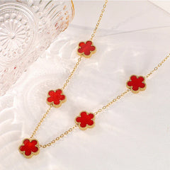 Clover Leaf Petals Plated Stainless Steel Necklace Red