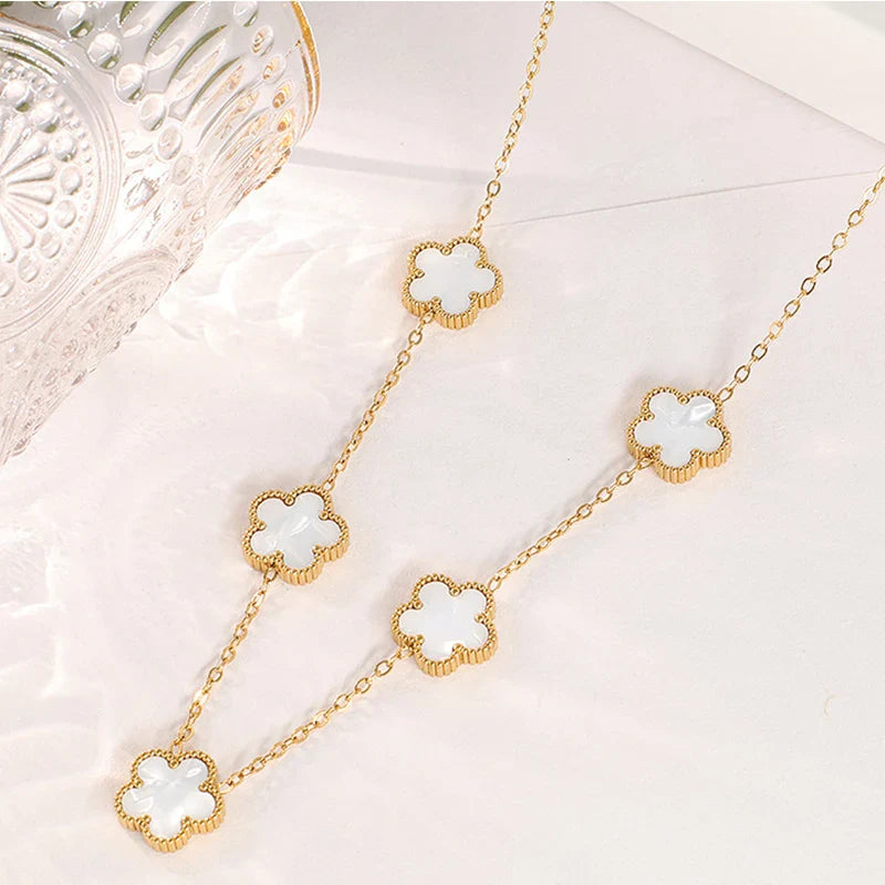 Clover Leaf Petals Plated Stainless Steel Necklace White