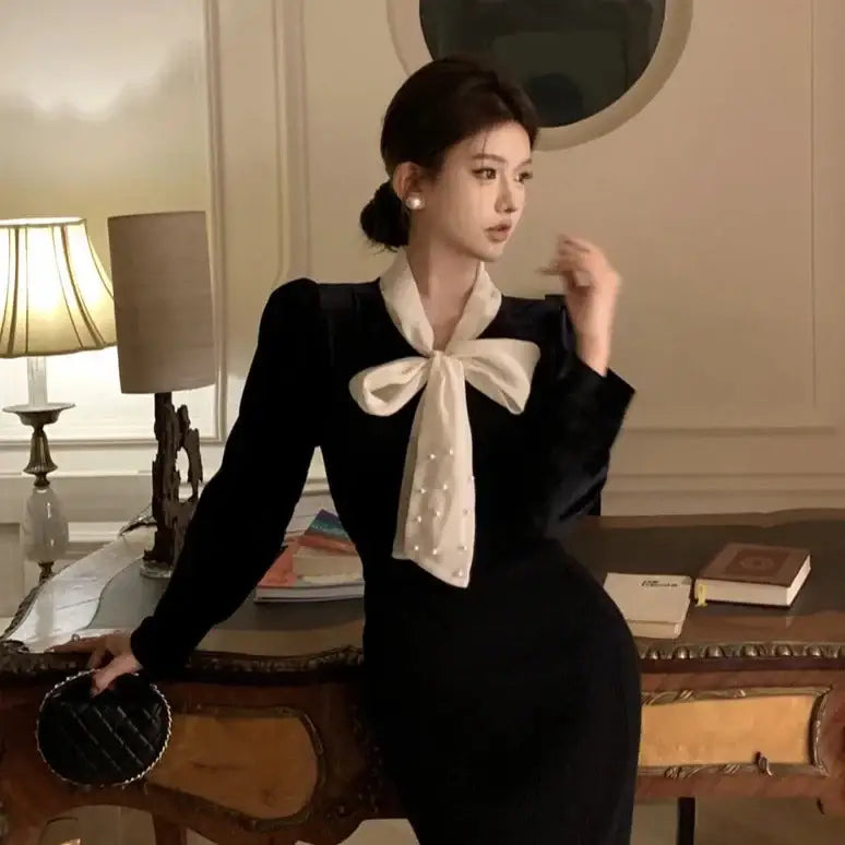 Collar Lace-Up Velvet Blouse for Women Black / One Size