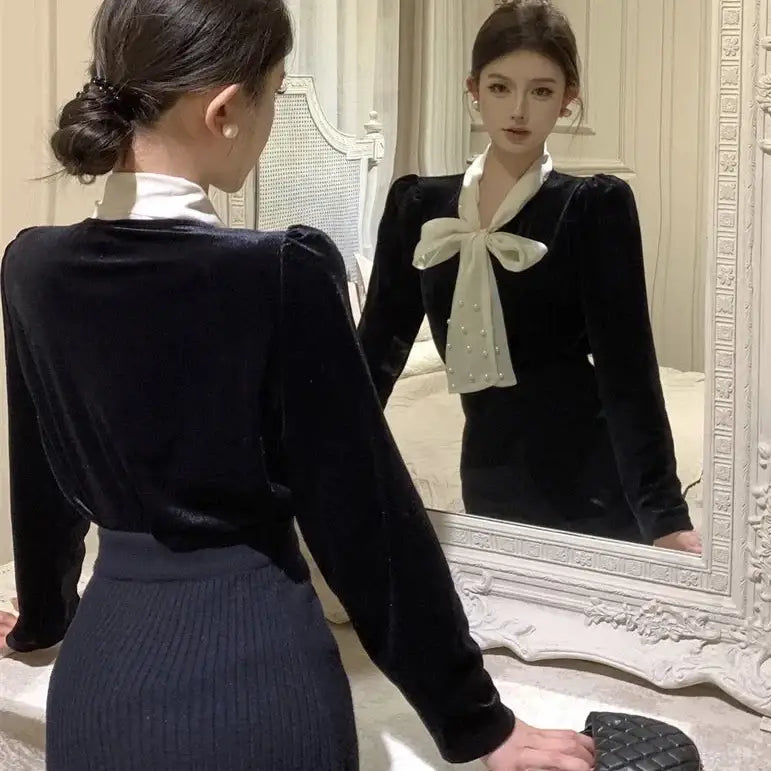 Collar Lace-Up Velvet Blouse for Women Black / One Size