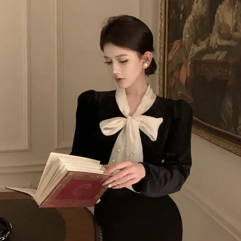 Collar Lace-Up Velvet Blouse for Women Black / One Size