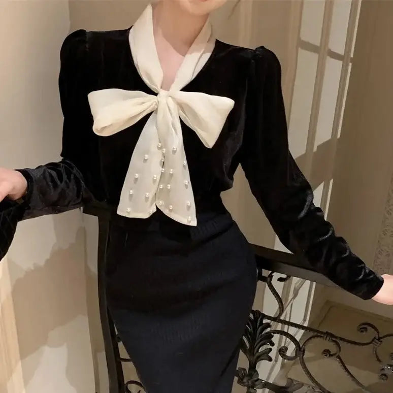 Collar Lace-Up Velvet Blouse for Women Black / One Size