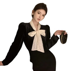 Collar Lace-Up Velvet Blouse for Women Black / One Size