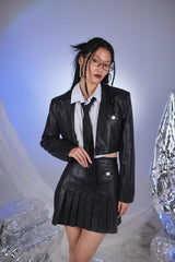 College Style Black Vegan Faux Leather Cropped Jacket / XS