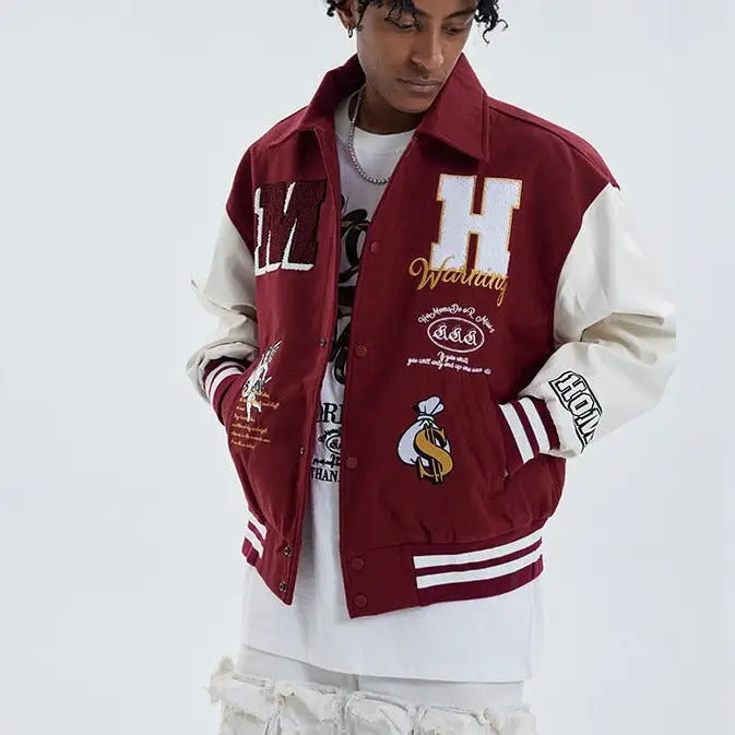 Color Block Embroidery Baseball Jacket
