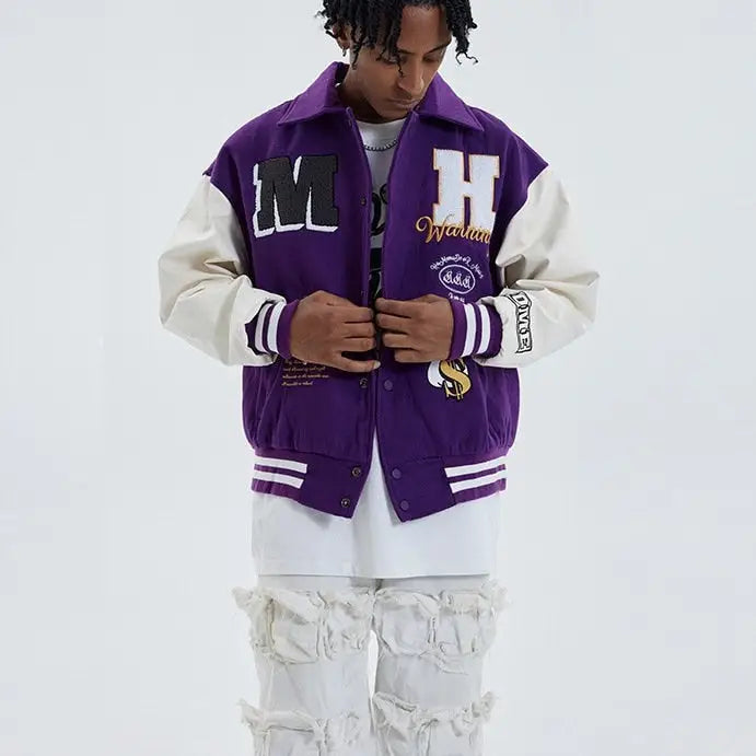 Color Block Embroidery Baseball Jacket