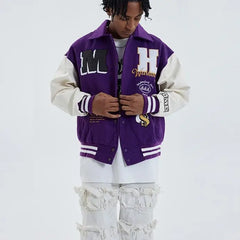 Color Block Embroidery Baseball Jacket