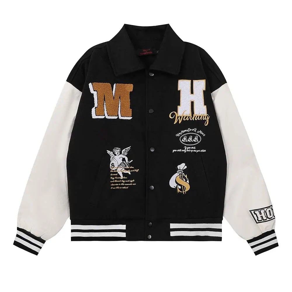 Color Block Embroidery Baseball Jacket Black / S