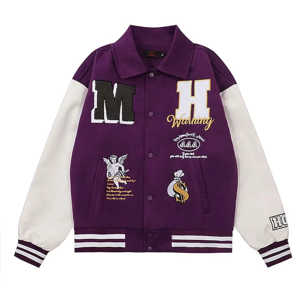 Color Block Embroidery Baseball Jacket Purple / S