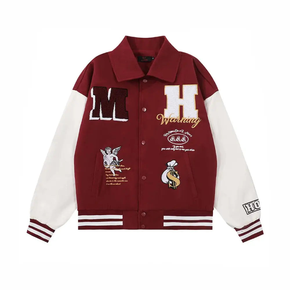 Color Block Embroidery Baseball Jacket Red / S