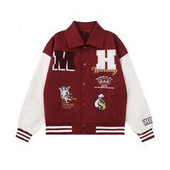 Color Block Embroidery Baseball Jacket Red / S