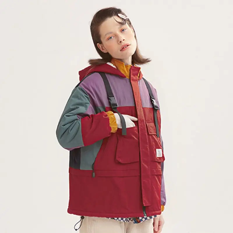 Color Block Loose Patched Pocket Thick Coat - the thin