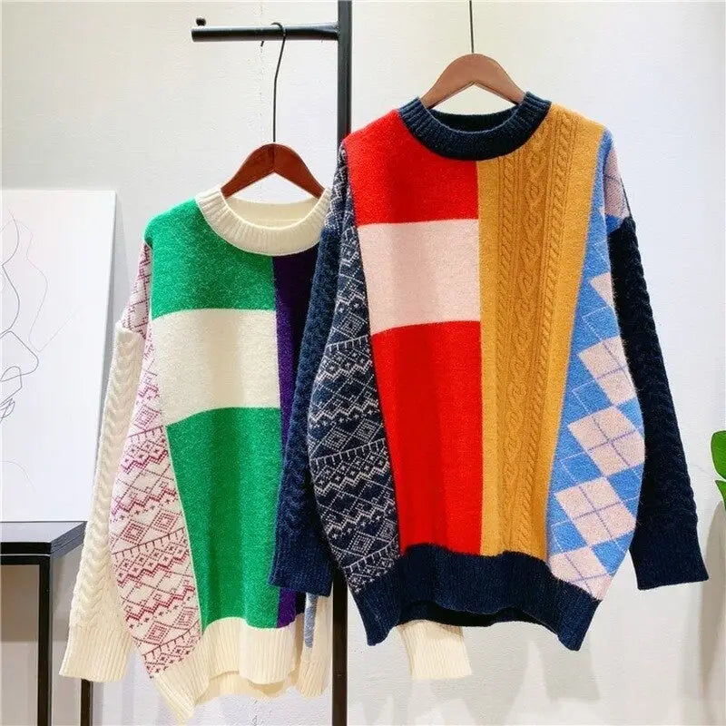 Color Block Plaid Knitted Oversize Sweater