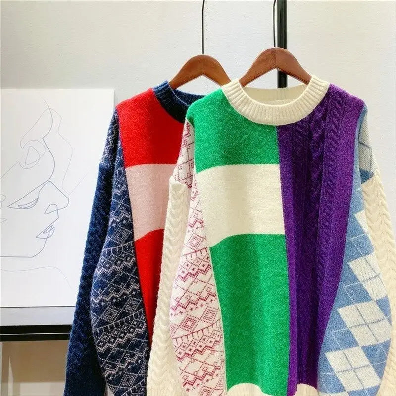 Color Block Plaid Knitted Oversize Sweater