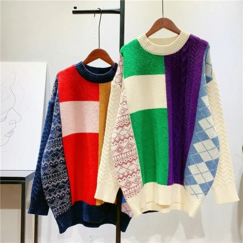 Color Block Plaid Knitted Oversize Sweater