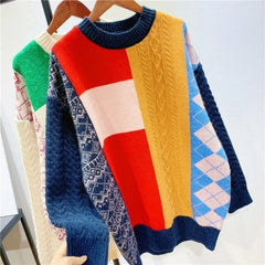 Color Block Plaid Knitted Oversize Sweater