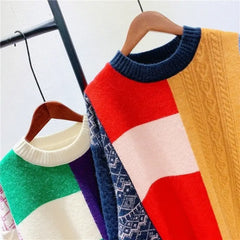 Color Block Plaid Knitted Oversize Sweater