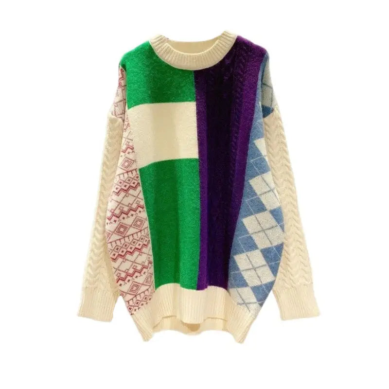 Color Block Plaid Knitted Oversize Sweater