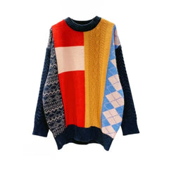 Color Block Plaid Knitted Oversize Sweater