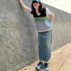 Color Block V-Neck Loose Knit Vest