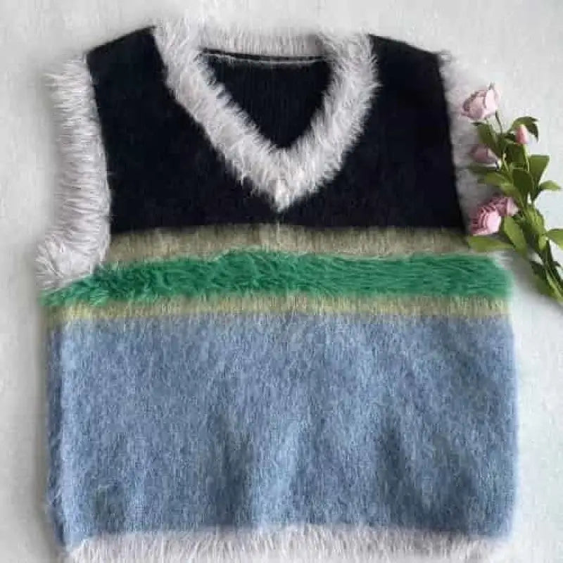 Color Block V-Neck Loose Knit Vest