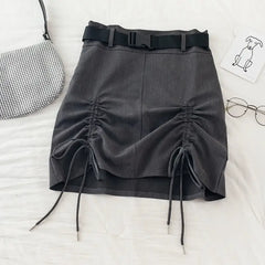 Color Solid Front Curled Laces A-Line Mini Skirt With Belt