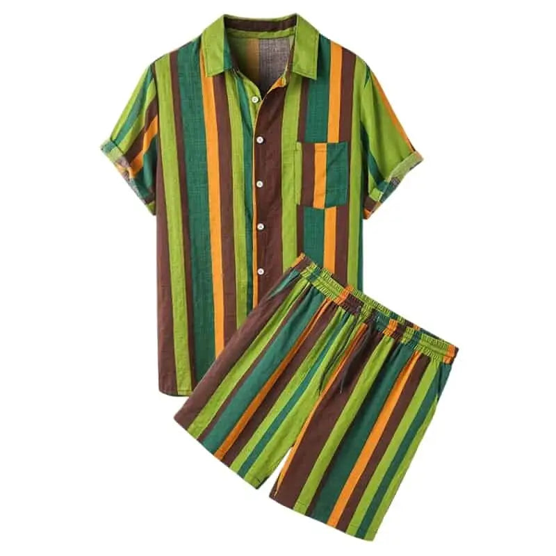 Color Stripe Trendy Two Piece Short Sleeve Shirt Set Green
