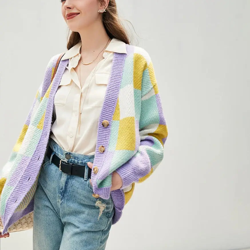 Colored Plaid Knitted Cardigan for Everyday Wear