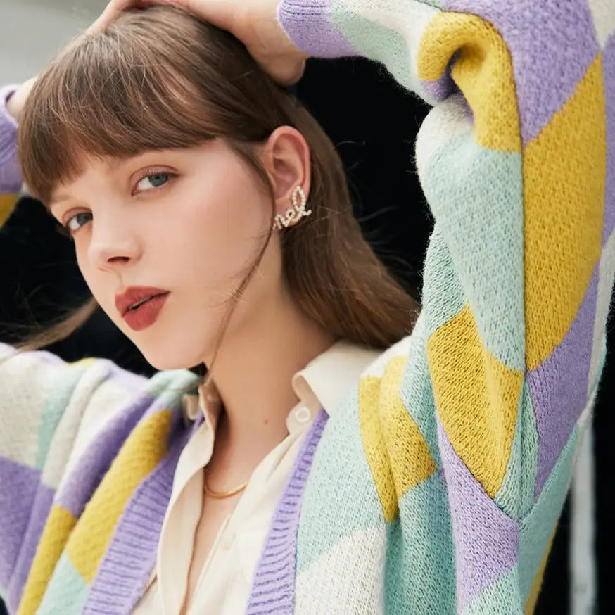 Colored Plaid Knitted Cardigan for Everyday Wear