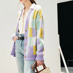 Colored Plaid Knitted Cardigan for Everyday Wear