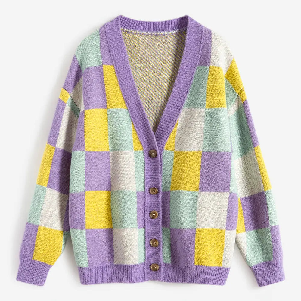 Colored Plaid Knitted Cardigan for Everyday Wear / S