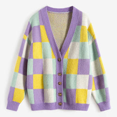 Colored Plaid Knitted Cardigan for Everyday Wear / S