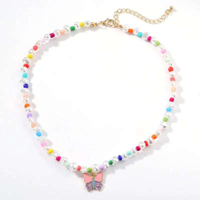 Colorful Beads Pearls Butterfly Dangle Chain - Purple
