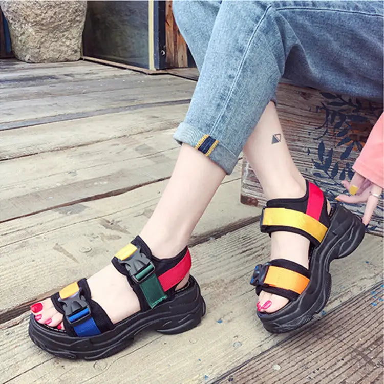 Colorful Buckle Straps Platform - Black / 35 - Shoes