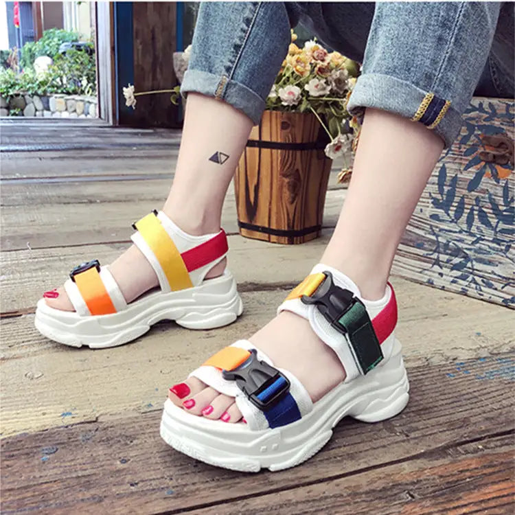 Colorful Buckle Straps Platform - White / 35 - Shoes