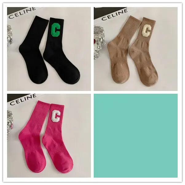 Colorful C letter crew socks, lot of 3 pairs