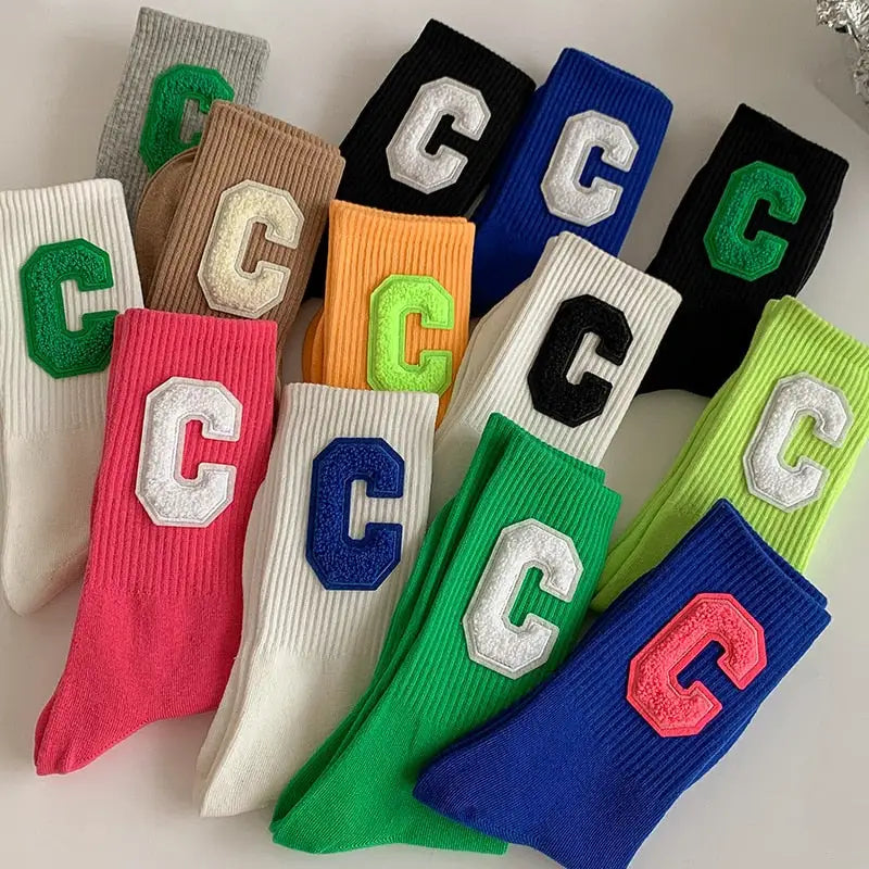 Colorful C letter crew socks, lot of 3 pairs