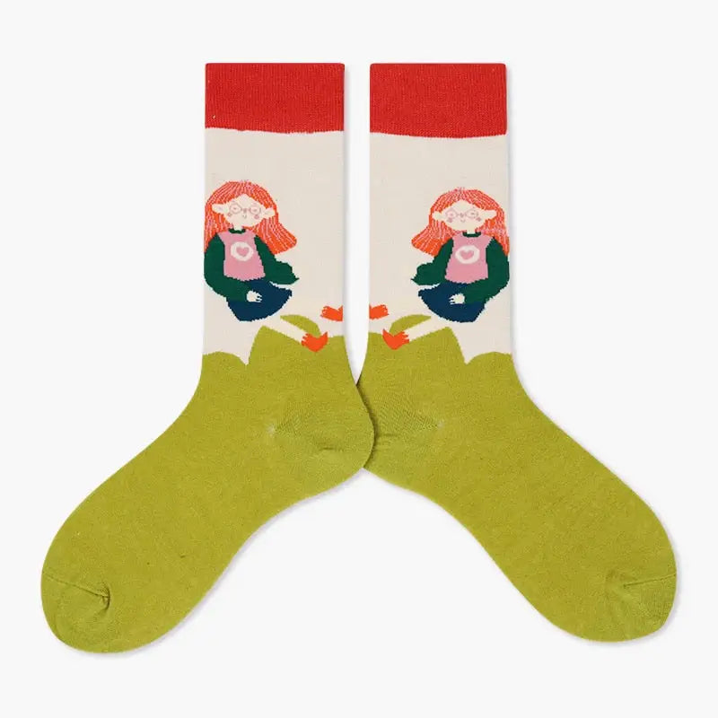 Colorful Cartoon Cotton Socks for EU35-43 US5-8.5 Green