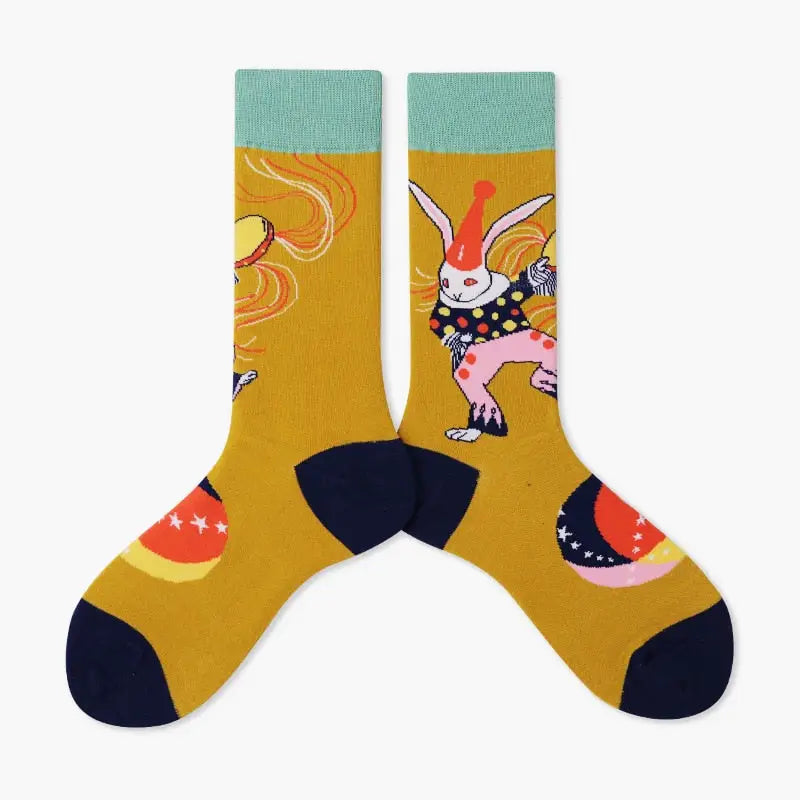 Colorful Cartoon Cotton Socks for EU35-43 US5-8.5 Yellow