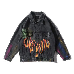 Colorful Denim Jacket with Fiery Multicolor Design black