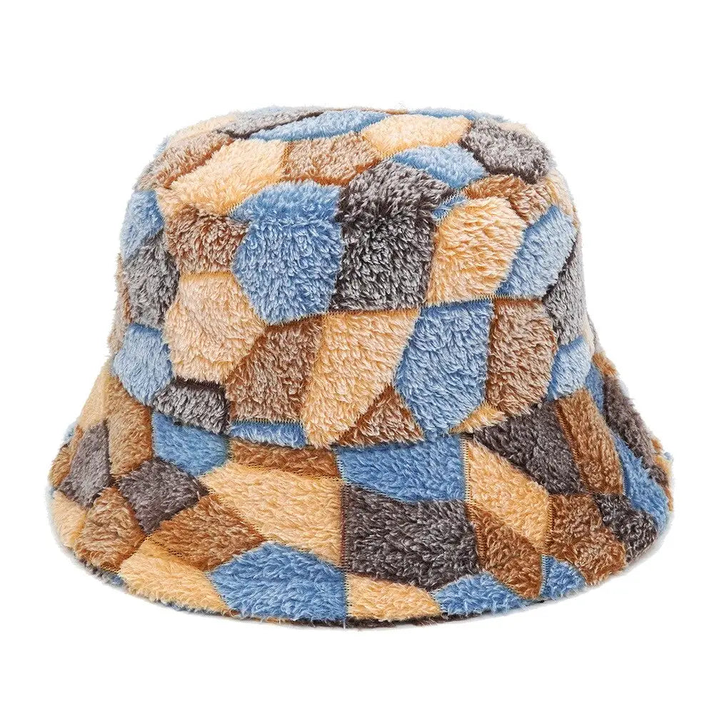 Colorful Faux Fur Bucket Hat with Striped Pattern